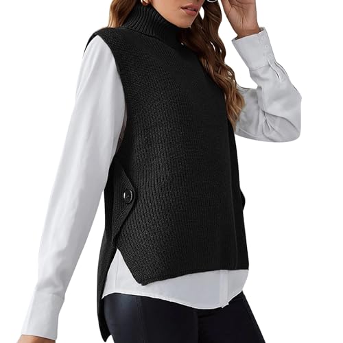 Ydsxlp Pullunder Damen Oversize Einfarbig Ärmellos Strick Casual Pullunder Strickweste Herbst V-Ausschnitt Stricken Weste Pullunder Casual Strick Tank Top Sweater Freizeit Pullunder(B Schwarz,M) von Ydsxlp