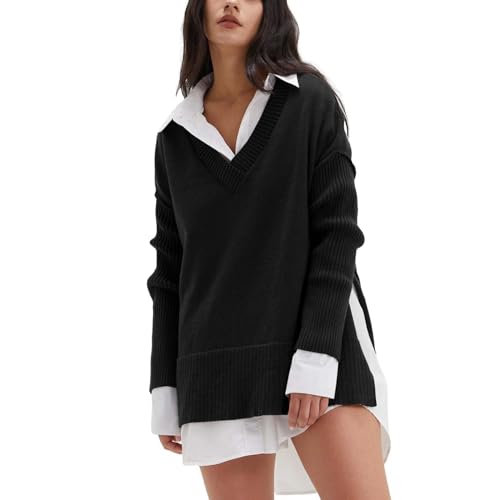 Ydsxlp Pullunder Damen Oversize Einfarbig Ärmellos Strick Casual Pullunder Strickweste Herbst V-Ausschnitt Stricken Weste Pullunder Casual Strick Tank Top Sweater Freizeit Pullunder(C Schwarz,M) von Ydsxlp