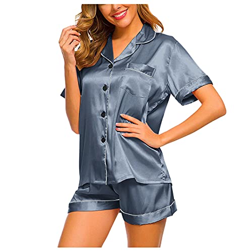 Ydsxlp Pyjama Set Damen Schlafanzug Set Satin Seide Nachthemd Kurze Pyjama Nachtwäsche Zweiteiliger Button Down Set Schlafkleidung Loungewear S-2XL(Ya Marineblau,XL) von Ydsxlp