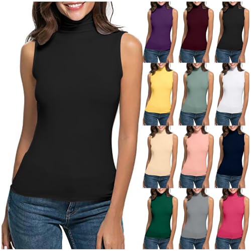 Ydsxlp Rolli Top Damen Elegant Einfarbig Rollkragenshirt Leicht Rollkragen Ärmellos Rollishirt Slim Fit Weste Rollkragenpullover Basic Unterziehrolli Stretch Rollkragen Tank Tops(B Schwarz,3XL) von Ydsxlp