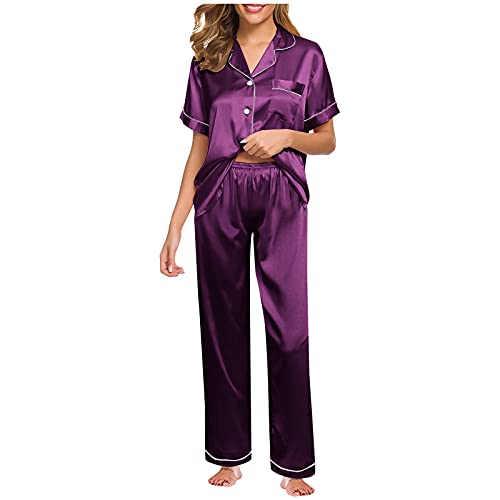 Ydsxlp Schlafanzug Damen Silky Satin Pyjamas Set Zweiteiliger Nachtwäsche Hausanzug Oberteil mit Kerbzahnkragen und Pyjamahose Loungewear Kurzarm und Button Down(A Violett,5XL) von Ydsxlp