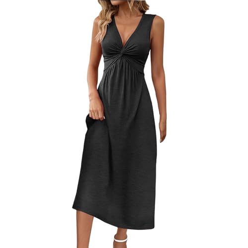 Ydsxlp Shirtkleid Damen Summer Vintage Einfarbig Blusenkleid Tief V-Ausschnitt Twist Sommerkleid Ärmellos Midikleid Leicht und Luftig Club Party Wickelkleider Lockere Freizeitkleid(B Schwarz,XXL) von Ydsxlp