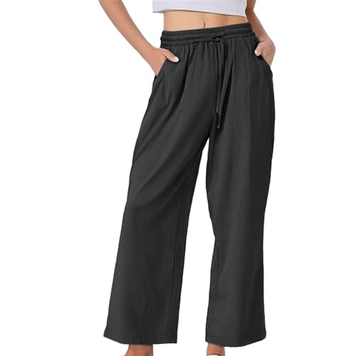 Ydsxlp Sommerhose Damen Große Größen Leinenhose Leicht Summer Einfarbig Baumwolle Leinen Stoffhose Elastische Taille Weite Leg Hose Sommerhose Locker Casual Strandhose mit Taschen(Schwarz,5XL) von Ydsxlp