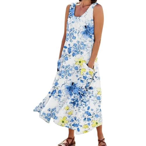 Ydsxlp Sommerkleid Damen Elegant Blumen Druck Swing Kleid Maxikleid Sommer Rundhalsausschnitt Ärmelloses Tank Kleid Oversize Strandkleider Locker Freizeitkleid mit Taschen(D Blau,4XL) von Ydsxlp