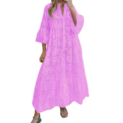 Ydsxlp Sommerkleid Damen Elegant Einfarbig 3/4 Ärmel Lochstickerei Kleid Große Größen V Ausschnitt Aushöhlen Bestickt Blusenkleid Casual Häkel Spitze Strandkleider Luftig Freizeitkleid(A Rosa,5XL) von Ydsxlp
