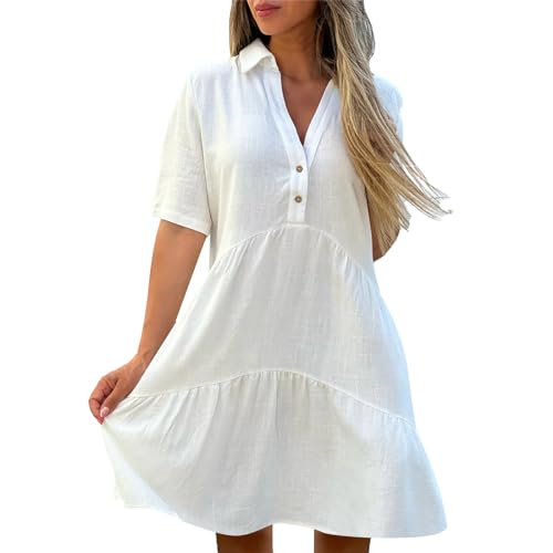 Ydsxlp Sommerkleid Damen Elegant Einfarbig Knielang Shirtkleider Sommer V-Ausschnitt Kurzarm Leinen Kleider mit Knöpfe Strandkleider Casual Midikleid Locker Freizeitkleid mit Taschen(A Weiß,4XL) von Ydsxlp
