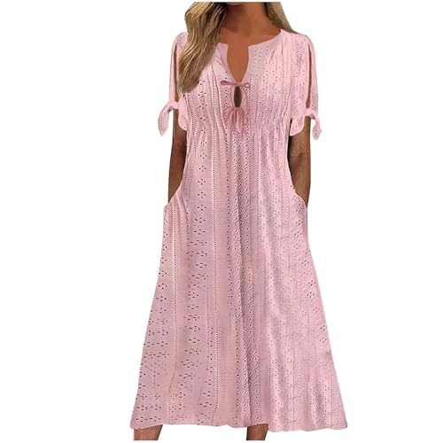 Ydsxlp Sommerkleid Damen Elegant Kurzen Ärmeln Strandkleider Große Größen V-Ausschnitt Lace Up Maxikleid Leicht und Luftig Lange Freizeitkleider Einfarbig A-Line Sommerkleid Für Urlaub(A Rosa,3XL) von Ydsxlp