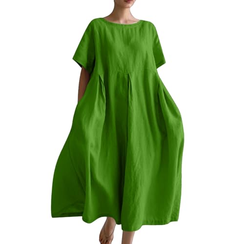 Ydsxlp Sommerkleid Damen Elegant Sommer Einfarbig Kurzarm Blusenkleid Casual Kurzärmliges T-Shirt Kleid Leinenkleid Damen Locker A-Linien Kleider Strandkleid Lose Maxikleid mit Taschen(A Grün,5XL) von Ydsxlp