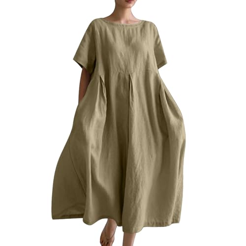 Ydsxlp Sommerkleid Damen Elegant Sommer Einfarbig Kurzarm Blusenkleid Casual Kurzärmliges T-Shirt Kleid Leinenkleid Damen Locker A-Linien Kleider Strandkleid Lose Maxikleid mit Taschen(A Khaki,5XL) von Ydsxlp