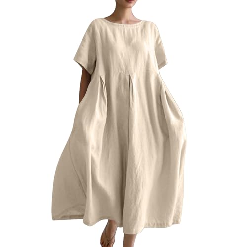 Ydsxlp Sommerkleid Damen Elegant Sommer Einfarbig Kurzarm Blusenkleid Casual Kurzärmliges T-Shirt Kleid Leinenkleid Damen Locker A-Linien Kleider Strandkleid Lose Maxikleid mit Taschen(B Beige,5XL) von Ydsxlp