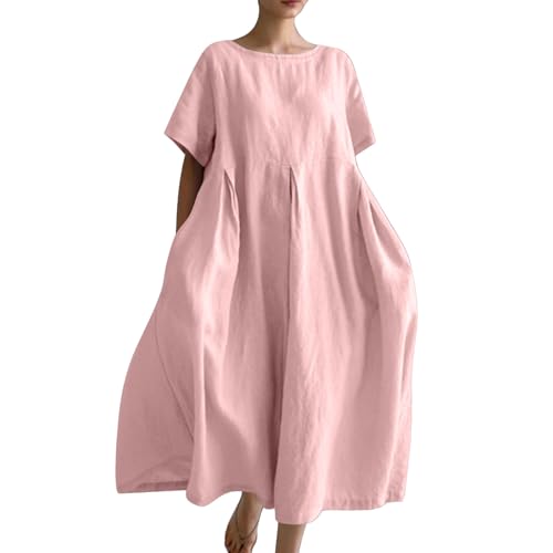 Ydsxlp Sommerkleid Damen Elegant Sommer Einfarbig Kurzarm Blusenkleid Casual Kurzärmliges T-Shirt Kleid Leinenkleid Damen Locker A-Linien Kleider Strandkleid Lose Maxikleid mit Taschen(B Rosa,5XL) von Ydsxlp