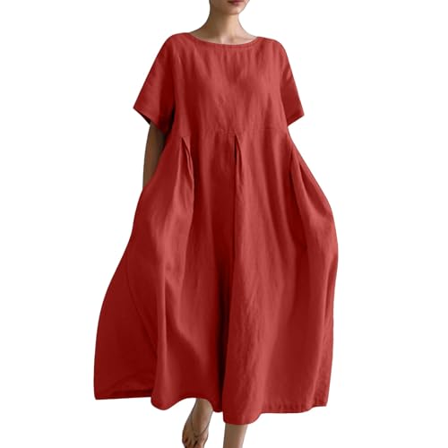 Ydsxlp Sommerkleid Damen Elegant Sommer Einfarbig Kurzarm Blusenkleid Casual Kurzärmliges T-Shirt Kleid Leinenkleid Damen Locker A-Linien Kleider Strandkleid Lose Maxikleid mit Taschen(B Rot,4XL) von Ydsxlp