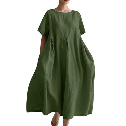 Ydsxlp Sommerkleid Damen Elegant Sommer Einfarbig Kurzarm Blusenkleid Casual Kurzärmliges T-Shirt Kleid Leinenkleid Damen Locker A-Linien Kleider Strandkleid Lose Maxikleid mit Taschen(C Grün,XXL) von Ydsxlp
