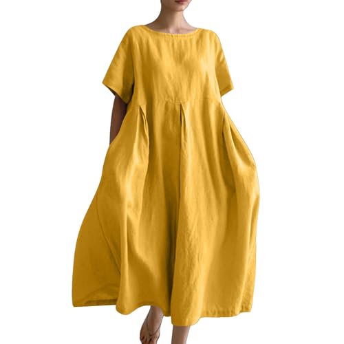 Ydsxlp Sommerkleid Damen Elegant Sommer Einfarbig Kurzarm Blusenkleid Casual Kurzärmliges T-Shirt Kleid Leinenkleid Damen Locker A-Linien Kleider Strandkleid Lose Maxikleid mit Taschen(D Gelb,5XL) von Ydsxlp