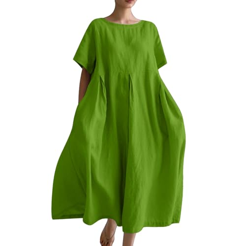 Ydsxlp Sommerkleid Damen Elegant Sommer Einfarbig Kurzarm Blusenkleid Casual Kurzärmliges T-Shirt Kleid Leinenkleid Damen Locker A-Linien Kleider Strandkleid Lose Maxikleid mit Taschen(D Grün,4XL) von Ydsxlp