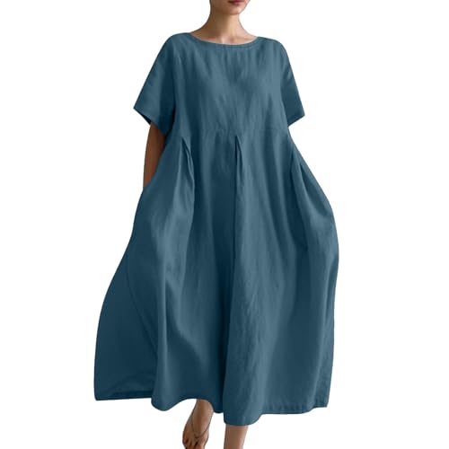 Ydsxlp Sommerkleid Damen Elegant Sommer Einfarbig Kurzarm Blusenkleid Casual Kurzärmliges T-Shirt Kleid Leinenkleid Damen Locker A-Linien Kleider Strandkleid Lose Maxikleid mit Taschen(E Blau,5XL) von Ydsxlp