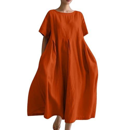 Ydsxlp Sommerkleid Damen Elegant Sommer Einfarbig Kurzarm Blusenkleid Casual Kurzärmliges T-Shirt Kleid Leinenkleid Damen Locker A-Linien Kleider Strandkleid Lose Maxikleid mit Taschen(E Orange,4XL) von Ydsxlp