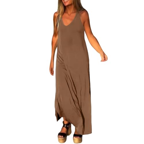 Ydsxlp Sommerkleid Damen Große Größen Ärmellos Tank Kleider Basic Einfarbig V-Ausschnitt Lange Maxikleid Frauen Side Slit Blusenkleid Freizeitkleider Bequeme Leicht Strandkleider(Kaffee,XL) von Ydsxlp