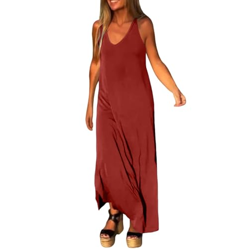 Ydsxlp Sommerkleid Damen Große Größen Ärmellos Tank Kleider Basic Einfarbig V-Ausschnitt Lange Maxikleid Frauen Side Slit Blusenkleid Freizeitkleider Bequeme Leicht Strandkleider(Rot,4XL) von Ydsxlp
