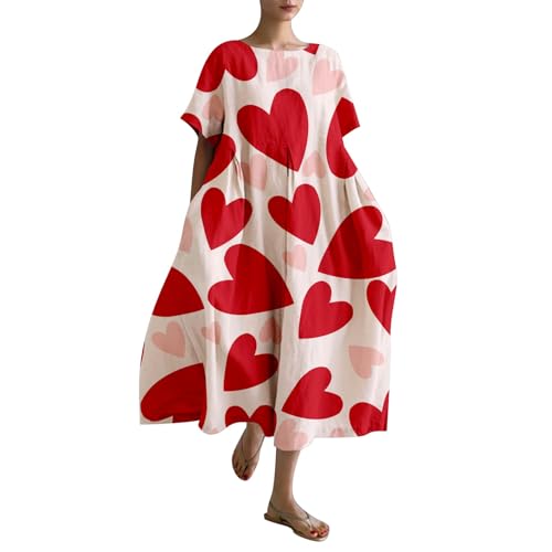 Ydsxlp Sommerkleid Damen Große Größen Blusenkleid Sommer Blumen Druck Lange Strandkleider Leicht Bequeme Lose Tunika Kleider Damen Vintage Rundhals Kurzarm Freizeitkleider Maxikleid(D Rot,S) von Ydsxlp