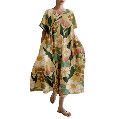 Ydsxlp Sommerkleid Damen Große Größen Blusenkleid Sommer Blumen Druck Lange Strandkleider Leicht Bequeme Lose Tunika Kleider Damen Vintage Rundhals Kurzarm Freizeitkleider Maxikleid(F Gelb,L) von Ydsxlp