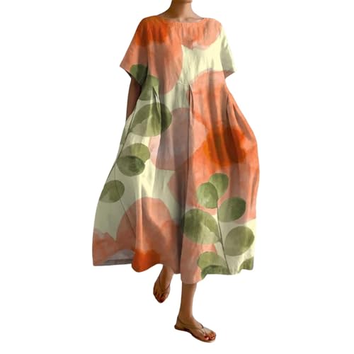 Ydsxlp Sommerkleid Damen Große Größen Blusenkleid Sommer Blumen Druck Lange Strandkleider Leicht Bequeme Lose Tunika Kleider Damen Vintage Rundhals Kurzarm Freizeitkleider Maxikleid(G Weiß,5XL) von Ydsxlp