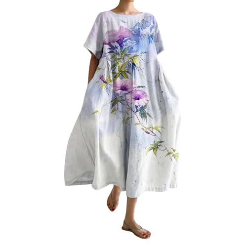 Ydsxlp Sommerkleid Damen Große Größen Blusenkleid Sommer Blumen Druck Lange Strandkleider Leicht Bequeme Lose Tunika Kleider Damen Vintage Rundhals Kurzarm Freizeitkleider Maxikleid(H Rosa,5XL) von Ydsxlp
