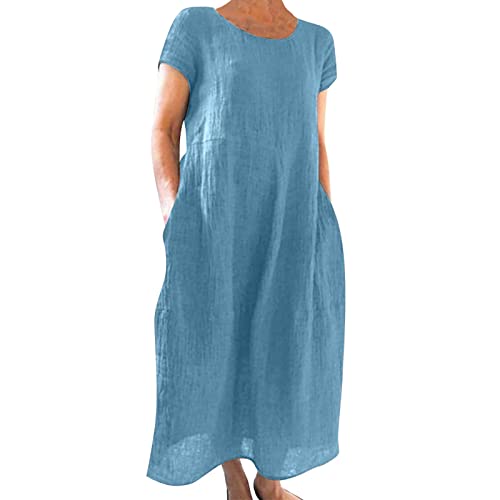 Ydsxlp Sommerkleid Damen Große Größen Casual Rundhalsausschnitt Kurzarm Leinenkleider Elegant Sommer Einfarbig Tshirt Kleid Freizeitkleid mit Taschen Lange Strandkleider(A Blau,M) von Ydsxlp