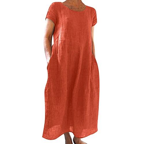 Ydsxlp Sommerkleid Damen Große Größen Casual Rundhalsausschnitt Kurzarm Leinenkleider Elegant Sommer Einfarbig Tshirt Kleid Freizeitkleid mit Taschen Lange Strandkleider(A RD1,5XL) von Ydsxlp