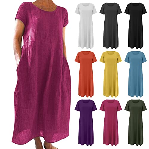 Ydsxlp Sommerkleid Damen Große Größen Casual Rundhalsausschnitt Kurzarm Leinenkleider Elegant Sommer Einfarbig Tshirt Kleid Freizeitkleid mit Taschen Lange Strandkleider(A RD2,XXL) von Ydsxlp