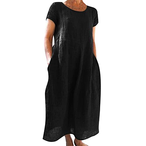 Ydsxlp Sommerkleid Damen Große Größen Casual Rundhalsausschnitt Kurzarm Leinenkleider Elegant Sommer Einfarbig Tshirt Kleid Freizeitkleid mit Taschen Lange Strandkleider(A Schwarz,XL) von Ydsxlp