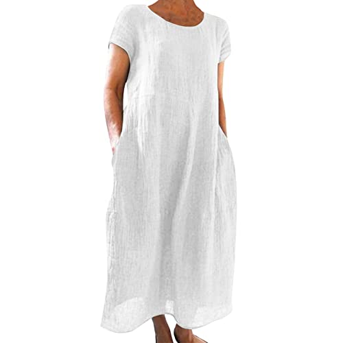 Ydsxlp Sommerkleid Damen Große Größen Casual Rundhalsausschnitt Kurzarm Leinenkleider Elegant Sommer Einfarbig Tshirt Kleid Freizeitkleid mit Taschen Lange Strandkleider(A Weiß,5XL) von Ydsxlp