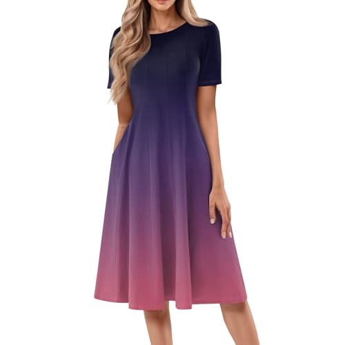 Ydsxlp Sommerkleid Damen Große Größen Kurzarm Rundhals Blusenkleid Elegant Einfarbig Wickelkleider Lässiges Locker Knielang Shirtkleid A Linie Swing Kleider Strandkleid mit Taschen(C Lila,3XL) von Ydsxlp