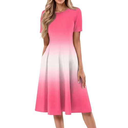 Ydsxlp Sommerkleid Damen Große Größen Kurzarm Rundhals Blusenkleid Elegant Einfarbig Wickelkleider Lässiges Locker Knielang Shirtkleid A Linie Swing Kleider Strandkleid mit Taschen(C Rosa,XXL) von Ydsxlp