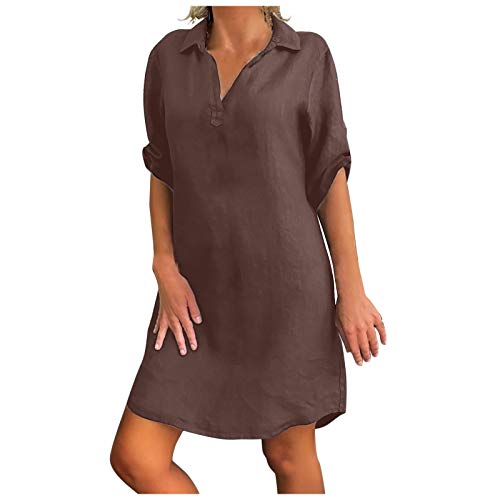 Ydsxlp Sommerkleid Damen Große Größen V-Ausschnitt Blusenkleid Casual Lose Knielang Leinen Kleider Sommer Elegant Einfarbig Kurzes Kleid Freizeitkleider Midikleid Kurzarm A-Linie Kleid(A Braun,XL) von Ydsxlp