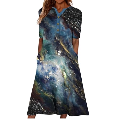 Ydsxlp Sommerkleid Damen Leicht Und Luftig Lange Maxikleid Vintage Blumen Druck Casual Swing Kleid Strandkleid V-Ausschnitt mit Knopfleiste Kurzarm Lose Festliche Kleider Freizeitkleid(B AN,3XL) von Ydsxlp