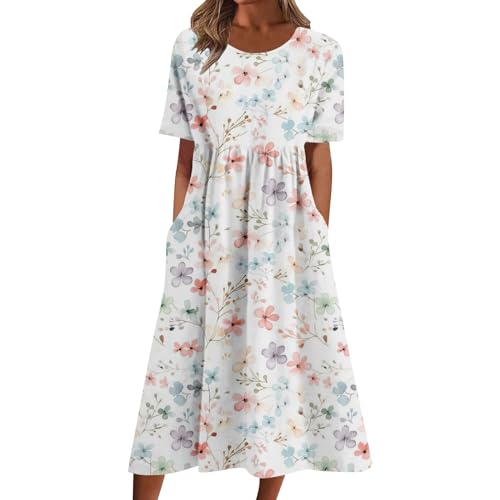 Ydsxlp Sommerkleid Damen Leicht Und Luftig Lange Maxikleid Vintage Blumen Druck Casual Swing Kleid Strandkleid V-Ausschnitt mit Knopfleiste Kurzarm Lose Festliche Kleider Freizeitkleid(G Weiß,XL) von Ydsxlp