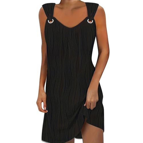 Ydsxlp Sommerkleid Damen Luftig Freizeit Ärmelloses Strandkleider Elegantes Einfarbig Knielang Strapskleid Sommerkleider Schultergurt Mit Schnalle Teenager Mädchen Festlich Kleider(A Schwarz,XXL) von Ydsxlp