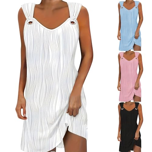 Ydsxlp Sommerkleid Damen Luftig Freizeit Ärmelloses Strandkleider Elegantes Einfarbig Knielang Strapskleid Sommerkleider Schultergurt Mit Schnalle Teenager Mädchen Festlich Kleider(A Weiß,XXL) von Ydsxlp