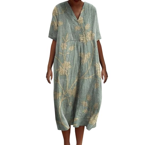 Ydsxlp Sommerkleid Damen Oversize Leinen Kleider Sommer Vintage Blumen Print Strandkleid Casual Locker Blusenkleid Damen V-Ausschnitt Kurzarm Freizeitkleider A-Linie Kleid Maxikleid(C Grün,XXL) von Ydsxlp