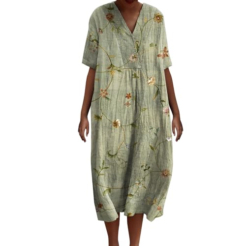 Ydsxlp Sommerkleid Damen Oversize Leinen Kleider Sommer Vintage Blumen Print Strandkleid Casual Locker Blusenkleid Damen V-Ausschnitt Kurzarm Freizeitkleider A-Linie Kleid Maxikleid(D AG,XL) von Ydsxlp