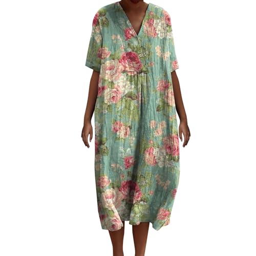 Ydsxlp Sommerkleid Damen Oversize Leinen Kleider Sommer Vintage Blumen Print Strandkleid Casual Locker Blusenkleid Damen V-Ausschnitt Kurzarm Freizeitkleider A-Linie Kleid Maxikleid(D Grün,M) von Ydsxlp