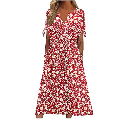 Ydsxlp Sommerkleid Damen Oversized V-Ausschnitt Knopfleiste Strandkleider Casual Locker Kurzen Ärmeln Maxikleid Elegant Einfarbig A-Linie Kleider Leicht Bequeme Freizeitkleid(D Wassermelone Rot,XL) von Ydsxlp