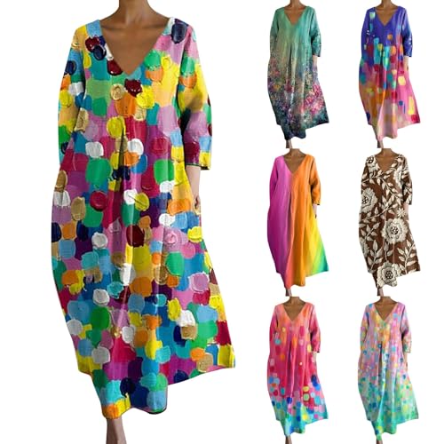 Ydsxlp Sommerkleid Damen Vintage Blumen Drucken Strandkleider Maxikleid Große Größen V-Ausschnitt 3/4 Ärmel Freizeitkleider Sommer Leicht Bequeme Lange Blusenkleid Tunika Kleider(A Blau,XXL) von Ydsxlp