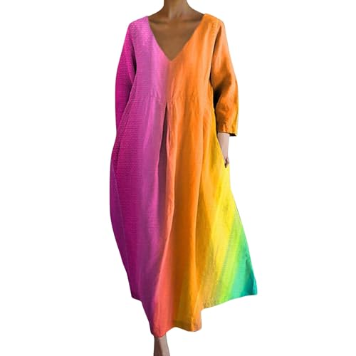 Ydsxlp Sommerkleid Damen Vintage Blumen Drucken Strandkleider Maxikleid Große Größen V-Ausschnitt 3/4 Ärmel Freizeitkleider Sommer Leicht Bequeme Lange Blusenkleid Tunika Kleider(A Orange,3XL) von Ydsxlp