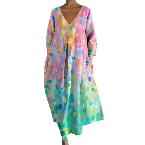 Ydsxlp Sommerkleid Damen Vintage Blumen Drucken Strandkleider Maxikleid Große Größen V-Ausschnitt 3/4 Ärmel Freizeitkleider Sommer Leicht Bequeme Lange Blusenkleid Tunika Kleider(A Rosa,XXL) von Ydsxlp