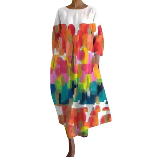 Ydsxlp Sommerkleid Damen Vintage Blumen Drucken Strandkleider Maxikleid Große Größen V-Ausschnitt 3/4 Ärmel Freizeitkleider Sommer Leicht Bequeme Lange Blusenkleid Tunika Kleider(D Orange,XXL) von Ydsxlp