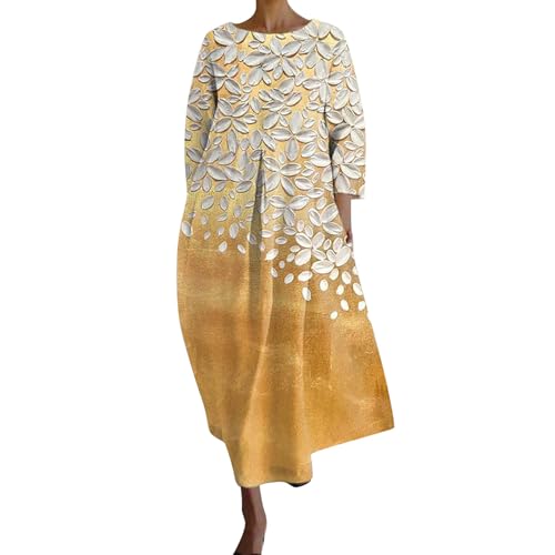 Ydsxlp Sommerkleid Damen Vintage Blumen Drucken Strandkleider Maxikleid Große Größen V-Ausschnitt 3/4 Ärmel Freizeitkleider Sommer Leicht Bequeme Lange Blusenkleid Tunika Kleider(E Gelb,3XL) von Ydsxlp