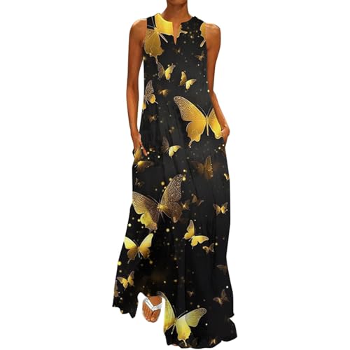 Ydsxlp Sommerkleider Damen Böhmischer Sommerlanges Strandkleider Große Größen V-Ausschnitt Ärmellose Partykleid Freizeitkleid Blumen Drucken Leichte Lässige Lange Kleider mit Taschen(B Rosa,4XL) von Ydsxlp
