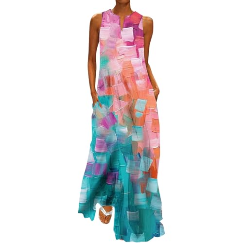 Ydsxlp Sommerkleider Damen Böhmischer Sommerlanges Strandkleider Große Größen V-Ausschnitt Ärmellose Partykleid Freizeitkleid Blumen Drucken Leichte Lässige Lange Kleider mit Taschen(C Rosa,M) von Ydsxlp